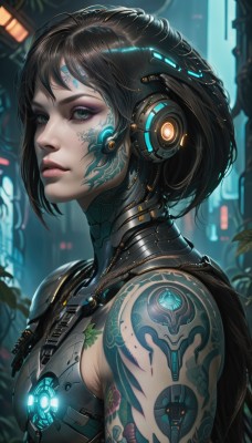 1girl,solo,breasts,looking at viewer,short hair,bangs,brown hair,black hair,bare shoulders,jewelry,closed mouth,green eyes,upper body,small breasts,necklace,blurry,from side,lips,eyelashes,tattoo,makeup,blurry background,glowing,headgear,headphones,eyeshadow,science fiction,nose,android,eyeliner,cable,arm tattoo,cyborg,neon trim,mascara,cyberpunk,blue eyes,artist name,signature,armor,bodysuit,profile,headset,realistic,facepaint