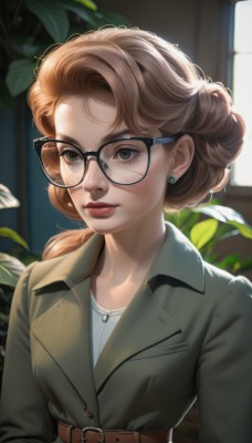 1girl,solo,long hair,looking at viewer,brown hair,shirt,jewelry,closed mouth,green eyes,jacket,white shirt,upper body,earrings,glasses,belt,artist name,indoors,necklace,blurry,lips,coat,window,scar,plant,scar on face,buckle,pendant,freckles,black-framed eyewear,belt buckle,realistic,nose,stud earrings,brown belt,short hair,collarbone,eyelashes,makeup,buttons,watermark,portrait,green jacket,round eyewear,deviantart username