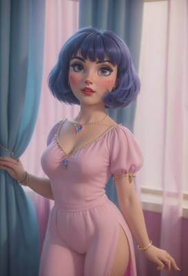 1girl,solo,breasts,looking at viewer,blush,smile,short hair,bangs,blue eyes,dress,cleavage,jewelry,medium breasts,blue hair,standing,collarbone,purple hair,short sleeves,cowboy shot,earrings,parted lips,teeth,puffy sleeves,artist name,indoors,dark skin,necklace,nail polish,bracelet,dark-skinned female,puffy short sleeves,lips,see-through,grey eyes,eyelashes,makeup,facial mark,bob cut,lipstick,curtains,gem,pink dress,side slit,pendant,pink lips,red lips,bangle,nightgown,black hair,pants,black eyes,window,thick eyebrows,curtain grab