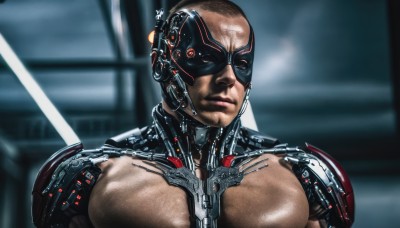 solo,1boy,closed mouth,upper body,male focus,dark skin,blurry,muscular,blurry background,dark-skinned male,facing viewer,science fiction,realistic,bald,manly,cyborg,cyberpunk,shiny,armor,lips,shiny skin,mask,cable