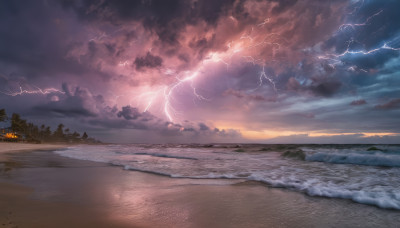 outdoors, sky, cloud, tree, dutch angle, no humans, ocean, beach, cloudy sky, scenery, sunset, sand, horizon, electricity, road, lightning, shore