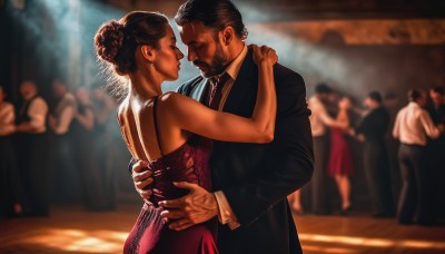 1girl,short hair,multiple girls,brown hair,shirt,black hair,1boy,dress,bare shoulders,jewelry,jacket,closed eyes,hetero,earrings,multiple boys,necktie,hair bun,blurry,black jacket,hug,sleeveless dress,depth of field,blurry background,facial hair,formal,red dress,single hair bun,ring,suit,couple,black necktie,beard,dancing,manly,imminent kiss,crowd,arm around waist,hand on another's hip,hand on another's back,hand on another's waist,scar,realistic,tuxedo