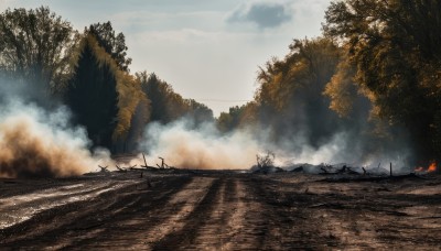 outdoors,sky,day,cloud,water,tree,no humans,cloudy sky,fire,nature,scenery,forest,smoke,watercraft,landscape,burning,military vehicle,campfire