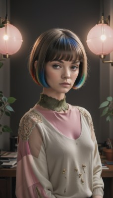 1girl,solo,breasts,looking at viewer,short hair,bangs,brown hair,shirt,black hair,long sleeves,brown eyes,closed mouth,blue hair,standing,white shirt,upper body,multicolored hair,small breasts,artist name,indoors,blunt bangs,two-tone hair,lips,see-through,book,clothing cutout,leaf,bob cut,plant,realistic,nose,light,lamp,shoulder cutout,choker,black eyes,pink shirt