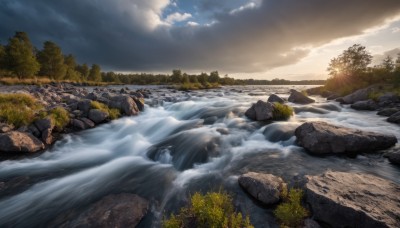 outdoors,sky,day,cloud,water,tree,blue sky,no humans,sunlight,cloudy sky,grass,nature,scenery,forest,sunset,light rays,rock,mountain,sun,river,waterfall,landscape,cliff,stream,ocean,plant,bush