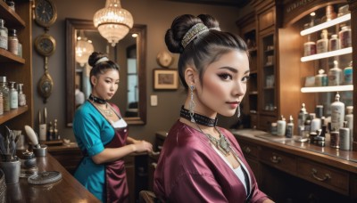 1girl,breasts,looking at viewer,short hair,multiple girls,brown hair,black hair,dress,2girls,cleavage,brown eyes,jewelry,medium breasts,short sleeves,earrings,choker,indoors,signature,necklace,hair bun,black eyes,apron,collar,lips,makeup,blue dress,single hair bun,bottle,mirror,realistic,clock,shelf,bar (place),counter,hair ornament,comb