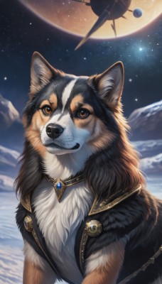 solo,looking at viewer,brown eyes,jewelry,upper body,outdoors,sky,artist name,signature,no humans,night,animal,moon,looking up,brooch,gem,star (sky),night sky,snow,full moon,starry sky,dog,mountain,aircraft,space,animal focus,planet,teeth,necklace,watermark,realistic