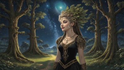 1girl,solo,long hair,breasts,blonde hair,hair ornament,dress,cleavage,jewelry,medium breasts,collarbone,earrings,outdoors,sky,necklace,armor,black dress,tree,lips,makeup,night,leaf,looking away,grass,plant,star (sky),nature,night sky,scenery,forest,starry sky,realistic,nose,fantasy,arms at sides,bracer,brown hair,brown eyes,upper body,parted lips,teeth,facial mark,moon,lipstick,forehead mark,headdress,red lips