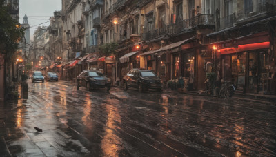 outdoors, sky, ground vehicle, building, scenery, motor vehicle, reflection, rain, city, sign, car, road, power lines, lamppost, street, puddle, pavement, vanishing point