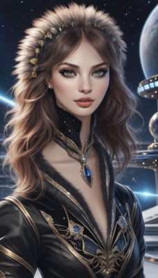 1girl,solo,long hair,breasts,looking at viewer,smile,brown hair,hair ornament,dress,cleavage,jewelry,green eyes,collarbone,upper body,hairband,earrings,parted lips,sky,choker,necklace,lips,eyelashes,makeup,gem,star (sky),starry sky,freckles,realistic,nose,headdress,red lips,space,planet,earth (planet),bangs,yellow eyes,wavy hair,lipstick