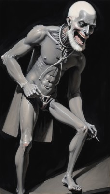 solo,looking at viewer,open mouth,1boy,holding,nipples,standing,full body,white hair,male focus,teeth,shiny,bodysuit,mask,facial hair,skin tight,beard,science fiction,bald,cyborg,latex,ribs,scissors,skeleton,horror (theme),what,needle,jewelry,barefoot,tongue,necklace,realistic,syringe,holding syringe