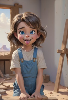 1girl,solo,looking at viewer,blush,smile,short hair,open mouth,blue eyes,brown hair,shirt,jewelry,white shirt,short sleeves,:d,earrings,outdoors,sky,teeth,day,tongue,cloud,indoors,tongue out,medium hair,loli,window,fangs,upper teeth only,t-shirt,child,female child,overalls,dirty,blue overalls,bangs,collarbone,thick eyebrows,aged down,stud earrings