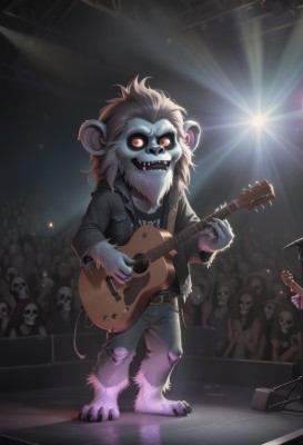 long hair,looking at viewer,open mouth,shirt,red eyes,long sleeves,1boy,holding,animal ears,jewelry,standing,jacket,tail,full body,male focus,open clothes,barefoot,teeth,solo focus,belt,pants,artist name,signature,necklace,open jacket,black jacket,torn clothes,black shirt,glowing,fangs,denim,sharp teeth,instrument,microphone,glowing eyes,claws,furry,colored sclera,jeans,furry female,music,guitar,cable,furry male,body fur,leather,singing,playing instrument,torn shirt,holding instrument,animal nose,electric guitar,crowd,torn pants,snout,leather jacket,stage,spotlight,stage lights,glowstick,plectrum,buck teeth,people,furrification,concert,audience,solo,brown hair,vest,watermark,t-shirt,grey skin,zombie,bass guitar,screen,torn jeans