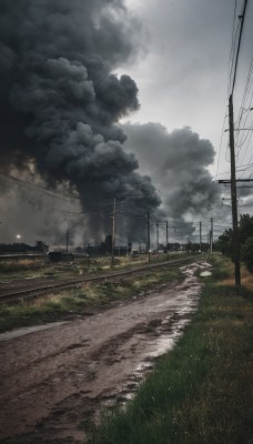 outdoors,sky,day,cloud,tree,no humans,cloudy sky,grass,fire,ground vehicle,building,scenery,motor vehicle,smoke,road,power lines,street,utility pole,railroad tracks