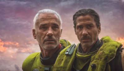 looking at viewer,short hair,black hair,brown eyes,closed mouth,upper body,white hair,grey hair,male focus,outdoors,multiple boys,sky,cloud,dark skin,2boys,armor,black eyes,facial hair,cloudy sky,beard,science fiction,realistic,mustache,pilot suit,manly,old,old man,wrinkled skin,expressionless,fire,serious