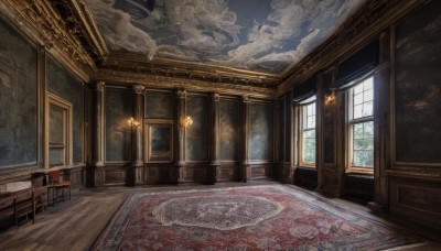 day,cloud,indoors,no humans,window,chair,table,sunlight,scenery,wooden floor,door,light,architecture,east asian architecture,pillar,painting (object),ceiling,carpet,rug,chandelier,sky,smoke,candle,candlestand,wooden chair