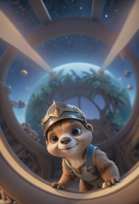 solo,looking at viewer,smile,1boy,hat,brown eyes,closed mouth,male focus,sky,artist name,blurry,no humans,animal,plant,star (sky),claws,furry,starry sky,overalls,space,planet,earth (planet),window,blurry background,backpack,helmet,goggles,furry male,brown fur