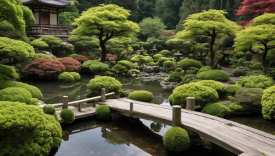 outdoors,day,water,tree,no humans,leaf,grass,building,nature,scenery,forest,rock,fence,bush,architecture,bridge,east asian architecture,river,pond,plant,railing,house