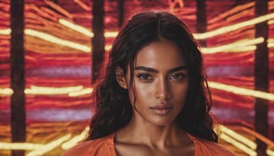 1girl,solo,long hair,looking at viewer,shirt,black hair,closed mouth,collarbone,dark skin,blurry,black eyes,dark-skinned female,lips,blurry background,wavy hair,portrait,forehead,realistic,nose,brown eyes,upper body,thick eyebrows,orange shirt