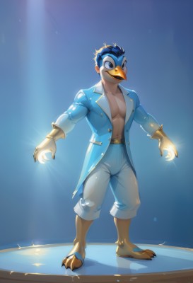 solo,looking at viewer,smile,short hair,blue eyes,long sleeves,1boy,navel,closed mouth,blue hair,standing,collarbone,jacket,full body,male focus,open clothes,barefoot,belt,pants,open jacket,coat,open shirt,muscular,glowing,bird,blue background,abs,pectorals,muscular male,blue jacket,bara,furry,personification,white pants,furry male,blue coat,talons,spotlight,beak,shorts,artist name,watermark,thick eyebrows,claws,blue pants