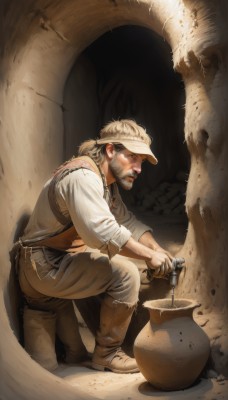 solo,blonde hair,shirt,1boy,hat,holding,full body,white shirt,ponytail,male focus,boots,pants,vest,from side,facial hair,brown footwear,squatting,beard,realistic,mustache,statue,looking at viewer,short hair,long sleeves,white hair,collared shirt,belt,lips,torn clothes,profile,headband,thick eyebrows,sleeves rolled up,sideburns,white pants,one knee,manly,brown pants