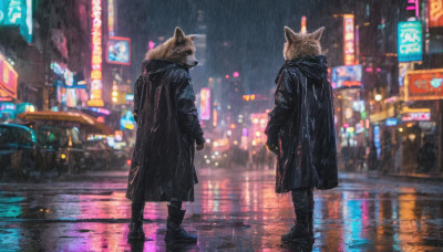 animal ears, standing, boots, outdoors, from behind, blurry, coat, fur trim, night, furry, reflection, rain, black coat, city, hands in pockets, facing away, road, furry male, street, city lights, neon lights