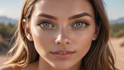 1girl,solo,long hair,looking at viewer,smile,blue eyes,brown hair,jewelry,green eyes,earrings,outdoors,parted lips,teeth,day,blurry,lips,eyelashes,depth of field,blurry background,piercing,thick eyebrows,portrait,close-up,forehead,freckles,realistic,nose,stud earrings,blonde hair,sky