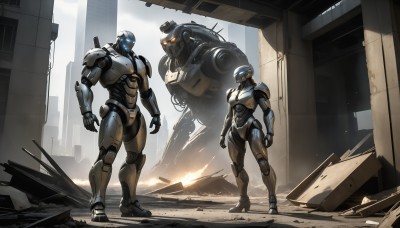 HQ,1boy,standing,weapon,male focus,multiple boys,2boys,armor,gun,military,glowing,helmet,fire,robot,building,mecha,science fiction,city,realistic,cable,arm cannon,ruins,power armor,rubble,power suit,1girl,blue eyes,full body,orange eyes,glowing eyes,humanoid robot