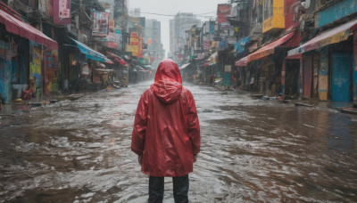 solo, standing, jacket, outdoors, pants, hood, from behind, umbrella, ground vehicle, building, scenery, motor vehicle, rain, city, sign, car, road, street, raincoat