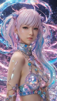 1girl,solo,long hair,breasts,looking at viewer,bangs,hair ornament,cleavage,bare shoulders,twintails,jewelry,medium breasts,closed mouth,green eyes,blue hair,upper body,pink hair,white hair,multicolored hair,earrings,small breasts,necklace,black eyes,lips,armlet,realistic,nose,artist name,armor,from side,gradient hair,watermark,facial mark,expressionless,gem,pink lips,bikini armor