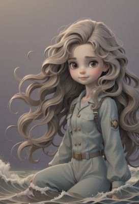 1girl,solo,long hair,looking at viewer,blush,smile,brown hair,shirt,long sleeves,brown eyes,sitting,very long hair,closed mouth,belt,pants,grey background,water,uniform,lips,military,military uniform,buttons,ocean,wavy hair,light brown hair,thick eyebrows,curly hair,pocket,brown belt,breast pocket,waves,breasts,simple background,collarbone,artist name,floating hair,watermark,denim,wind,forehead,buckle,partially submerged,freckles,belt buckle,emblem