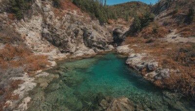 outdoors,sky,day,water,tree,no humans,traditional media,nature,scenery,forest,rock,mountain,river,landscape,lake,blue sky,ocean,shore