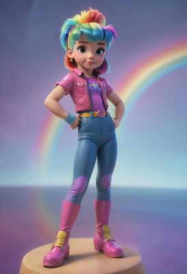 1girl,solo,looking at viewer,smile,short hair,bangs,shirt,jewelry,closed mouth,blue hair,standing,jacket,full body,ponytail,pink hair,short sleeves,red hair,multicolored hair,earrings,boots,green hair,open clothes,belt,pants,artist name,signature,star (symbol),blurry,black eyes,flat chest,two-tone hair,open jacket,lips,grey eyes,aqua hair,makeup,buttons,depth of field,blurry background,watermark,knee boots,high ponytail,denim,lipstick,wristband,child,web address,buckle,cropped jacket,pocket,pink shirt,hands on hips,jeans,belt buckle,pink lips,pink footwear,purple shirt,female child,shirt tucked in,breast pocket,pink jacket,purple footwear,rainbow,high-waist pants,rainbow hair,brown eyes,necklace,bracelet