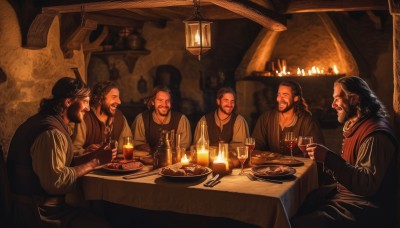 long hair,smile,open mouth,brown hair,black hair,gloves,long sleeves,hat,jewelry,sitting,closed eyes,male focus,earrings,food,multiple boys,indoors,fingerless gloves,necklace,vest,cup,facial hair,chair,eating,table,bottle,knife,beard,plate,alcohol,drinking glass,6+boys,mustache,fork,candle,wine glass,wine,chandelier,multiple girls,holding,2girls,grin,crown,spoon,fantasy,5boys