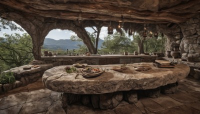 outdoors,food,sky,day,cloud,indoors,tree,cup,no humans,chain,table,nature,scenery,plate,bowl,wall,meat,wooden table,wood,plant,mountain,fantasy,log