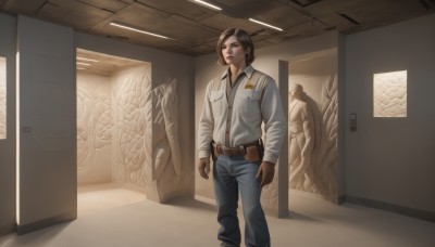 1girl,solo,short hair,blue eyes,brown hair,shirt,black hair,gloves,long sleeves,1boy,standing,white shirt,collared shirt,belt,pants,indoors,uniform,lips,denim,brown gloves,pocket,jeans,realistic,door,blue pants,brown belt,breast pocket,brown eyes,jacket,multiple boys,solo focus,military,military uniform,science fiction