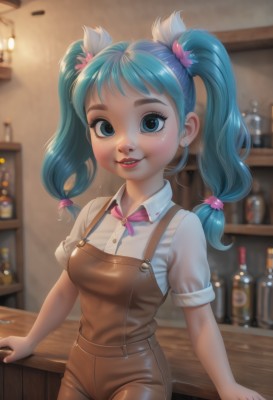 1girl,solo,long hair,breasts,looking at viewer,blush,smile,bangs,blue eyes,shirt,hair ornament,bow,twintails,jewelry,blue hair,standing,white shirt,short sleeves,cowboy shot,earrings,small breasts,parted lips,teeth,shiny,collared shirt,artist name,indoors,bowtie,blurry,lips,eyelashes,aqua hair,makeup,depth of field,blurry background,arm support,watermark,bottle,wing collar,lipstick,pink bow,web address,freckles,pink ribbon,realistic,red lips,stud earrings,overalls,pink bowtie,shelf,open mouth,ribbon,medium breasts,see-through,suspenders