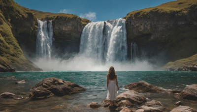 1girl, solo, long hair, brown hair, dress, standing, outdoors, sky, day, dark skin, water, from behind, white dress, dark-skinned female, blue sky, ocean, scenery, rock, facing away, waterfall, cliff