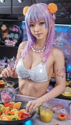 1girl,solo,long hair,breasts,looking at viewer,smile,bangs,hair ornament,cleavage,brown eyes,jewelry,medium breasts,swimsuit,upper body,pink hair,purple hair,flower,bikini,multicolored hair,food,indoors,hair flower,necklace,star (symbol),mole,bracelet,cup,lips,tattoo,fruit,white bikini,facial mark,bikini top only,armlet,realistic,large breasts,cooking,kitchen,onion