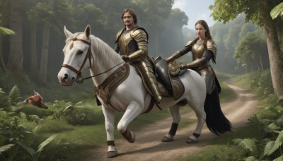 1girl,long hair,short hair,brown hair,black hair,gloves,1boy,brown eyes,outdoors,day,armor,tree,facial hair,animal,grass,shoulder armor,gauntlets,nature,forest,pauldrons,breastplate,riding,horse,horseback riding,plate armor,reins,saddle,open mouth,multiple girls,holding,2girls,closed mouth,boots,looking at another,lips,plant,realistic,fantasy,vambraces,armored boots,knight