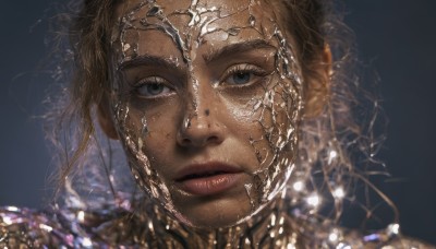 1girl,solo,looking at viewer,blue eyes,blonde hair,simple background,closed mouth,blurry,lips,grey eyes,eyelashes,expressionless,portrait,close-up,freckles,reflection,realistic,nose,glass,straight-on,long hair,brown hair,hair ornament