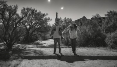 short hair,shirt,long sleeves,hat,holding,standing,jacket,monochrome,weapon,greyscale,male focus,outdoors,multiple boys,sky,pants,2boys,bag,from behind,holding weapon,tree,gun,night,shadow,holding hands,moon,backpack,holding gun,nature,scenery,rifle,forest,walking,assault rifle,weapon on back,short sleeves,shoes,pointing,baseball cap,road,bush,horror (theme)