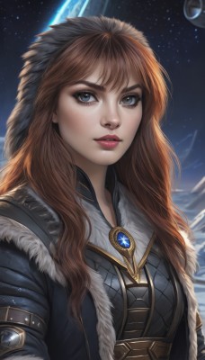 1girl,solo,long hair,looking at viewer,blue eyes,brown hair,hat,jewelry,upper body,parted lips,sky,lips,coat,fur trim,makeup,brooch,gem,star (sky),snow,starry sky,freckles,realistic,nose,red lips,space,planet,earth (planet),bangs,artist name,hood,armor,eyelashes,lipstick,hood up,chainmail