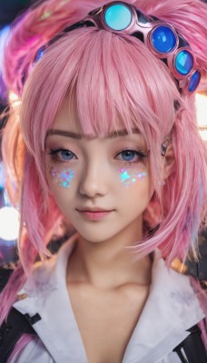 1girl,solo,long hair,looking at viewer,smile,bangs,blue eyes,shirt,jewelry,closed mouth,collarbone,pink hair,braid,hairband,earrings,star (symbol),blurry,lips,eyelashes,makeup,facial mark,goggles,portrait,realistic,nose,goggles on head