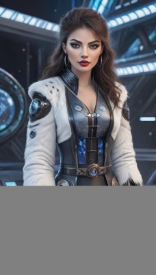 1girl,solo,long hair,breasts,looking at viewer,brown hair,long sleeves,cleavage,brown eyes,jewelry,medium breasts,standing,cowboy shot,earrings,belt,pants,nail polish,blurry,lips,coat,fingernails,fur trim,makeup,blurry background,wavy hair,black pants,lipstick,forehead,eyeshadow,science fiction,hoop earrings,nose,arms at sides,red lips,eyeliner,bracer,animification,fur coat,jacket,open clothes,bracelet,realistic