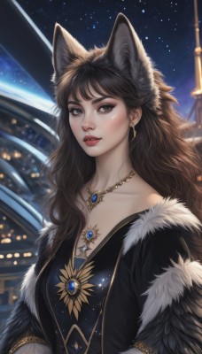 1girl,solo,long hair,breasts,looking at viewer,bangs,brown hair,black hair,dress,animal ears,brown eyes,jewelry,collarbone,upper body,earrings,parted lips,sky,artist name,necklace,blurry,black dress,lips,animal ear fluff,fur trim,night,wavy hair,wolf ears,star (sky),night sky,extra ears,pendant,starry sky,nose,red lips,fur,bare shoulders,outdoors,makeup,eyeshadow,realistic