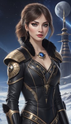 1girl,solo,long hair,breasts,looking at viewer,large breasts,brown hair,cleavage,brown eyes,jewelry,medium breasts,collarbone,upper body,weapon,earrings,outdoors,sky,artist name,necklace,armor,lips,fur trim,makeup,night,watermark,moon,lipstick,shoulder armor,gauntlets,gem,star (sky),night sky,snow,full moon,starry sky,pauldrons,mountain,realistic,nose,red lips,short hair,bangs,closed mouth,belt,parted bangs,bodysuit