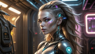 HQ,1girl,solo,long hair,breasts,looking at viewer,blue eyes,blonde hair,hair ornament,cleavage,jewelry,medium breasts,upper body,ponytail,earrings,parted lips,blurry,lips,clothing cutout,eyelashes,makeup,blurry background,headgear,facial mark,cleavage cutout,robot,portrait,forehead,science fiction,realistic,nose,red lips,eyeliner,cyborg,hair pulled back,cyberpunk,indoors,from side,glowing,wavy hair,lipstick,close-up,eyeshadow,pink lips,cable,mascara