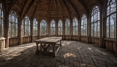 sky,day,cloud,indoors,tree,no humans,window,shadow,chair,table,sunlight,scenery,light rays,wooden floor,stairs,door,bench,shade,architecture,tile floor,pillar,floor,church,arch,column,wooden chair,snow,fantasy,candle,bare tree,wooden table