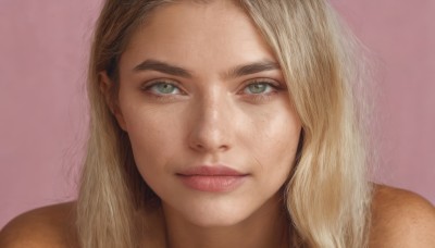 1girl,solo,long hair,looking at viewer,blonde hair,simple background,brown hair,closed mouth,green eyes,lips,eyelashes,pink background,portrait,freckles,realistic,nose,smile,light smile,close-up